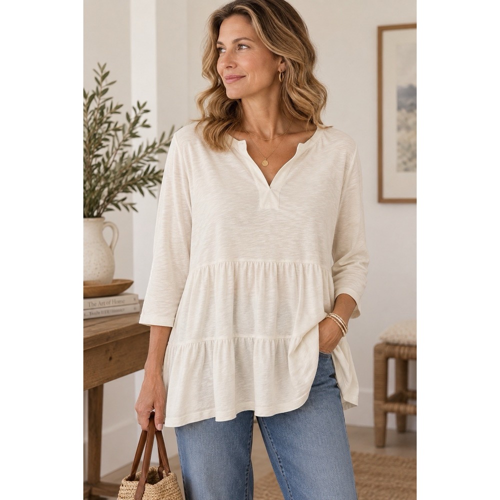 J. Jill Womens Tiered Boho Lagenlook Tunic Top XL Ivory 3/4 Sleeve Cottagecore